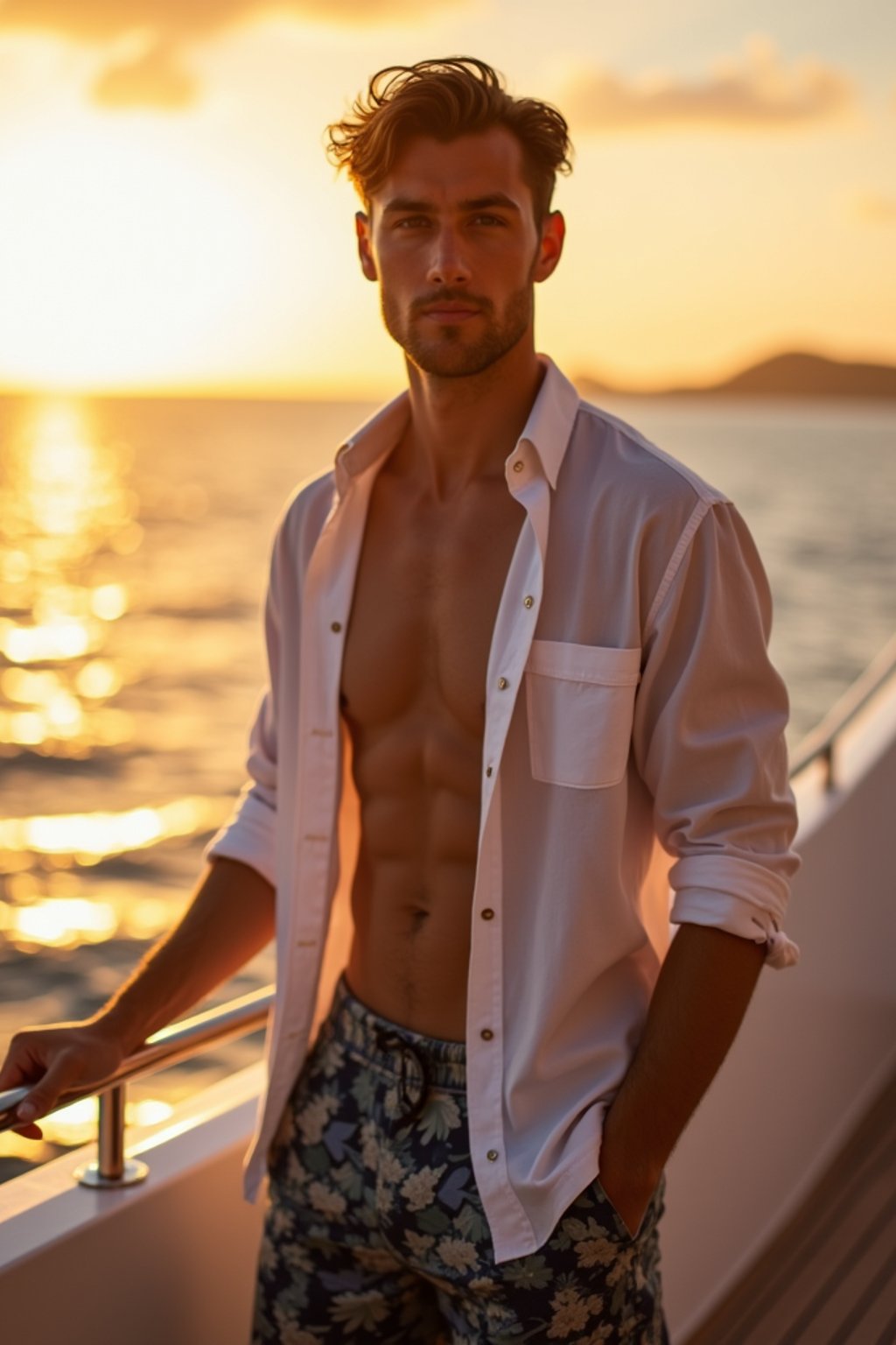 man wearing  shirt and swim shorts at an exclusive yacht party sunset, capturing the essence of luxury and opulence