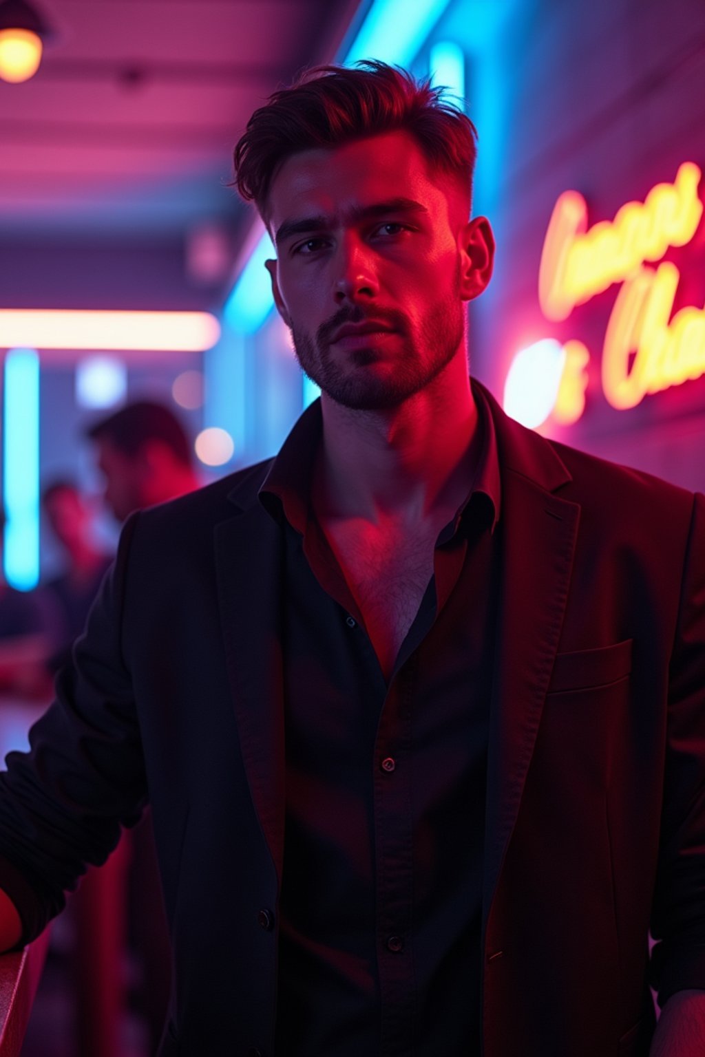 man wearing  smart casual in night club with neon lights