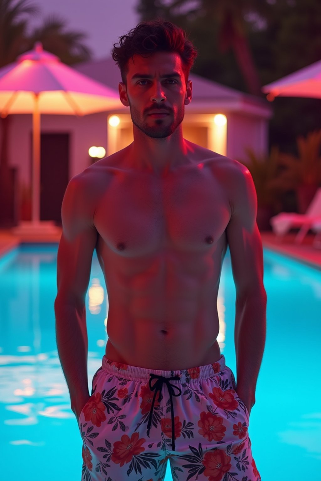 man , fit body in floral silk  swim shorts and shirtless at pool party with neon lights