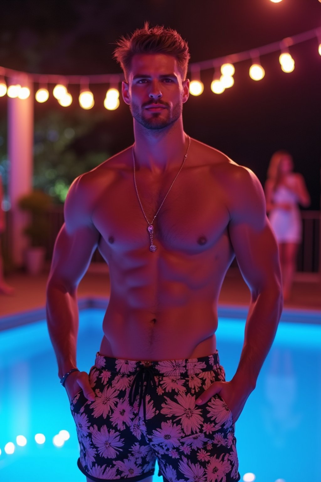 man , fit body in floral silk  swim shorts and shirtless at pool party with neon lights