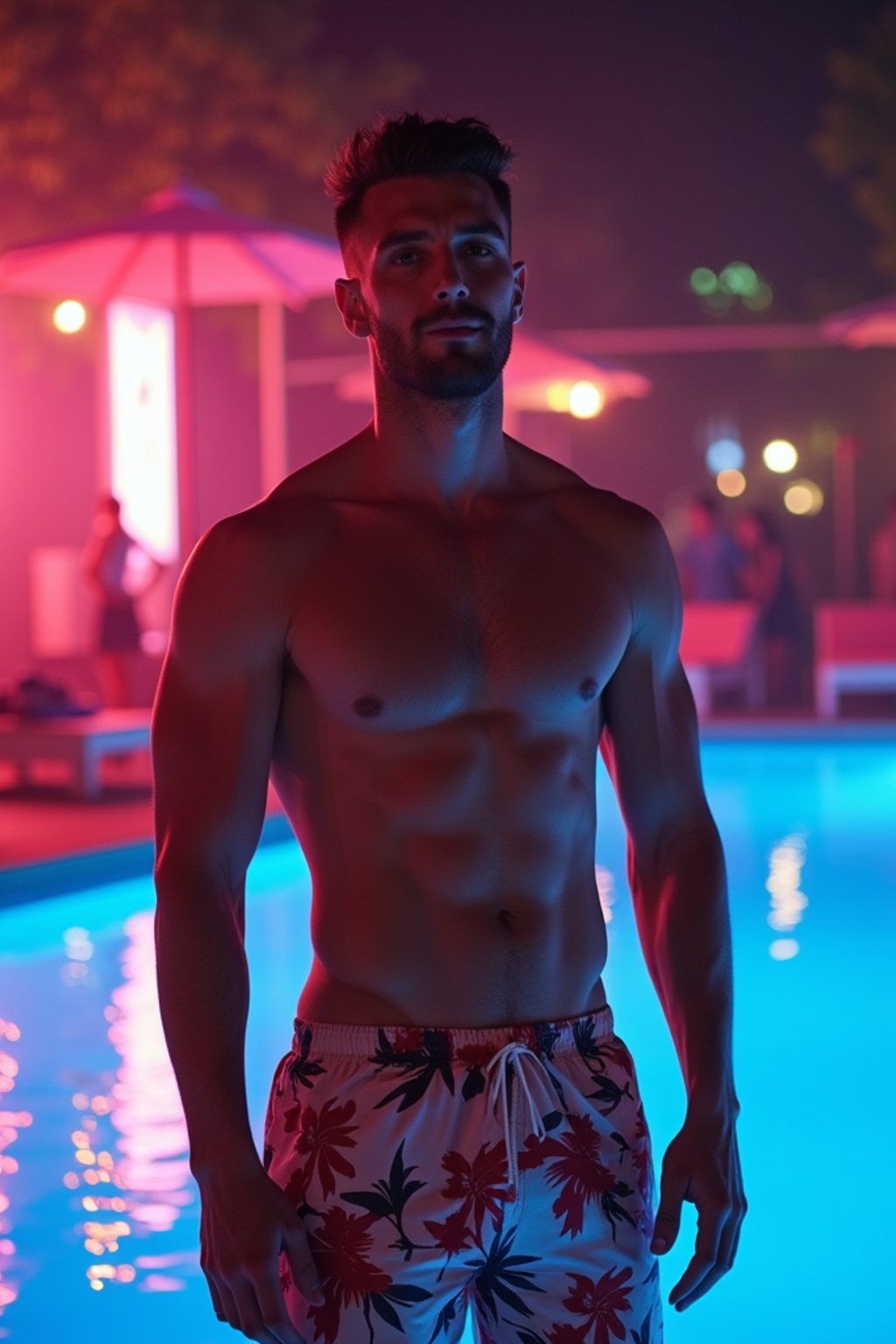 man , fit body in floral silk  swim shorts and shirtless at pool party with neon lights