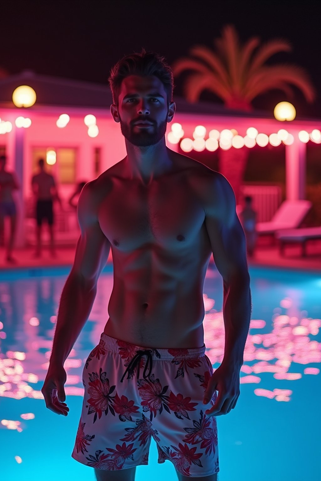 man , fit body in floral silk  swim shorts and shirtless at pool party with neon lights