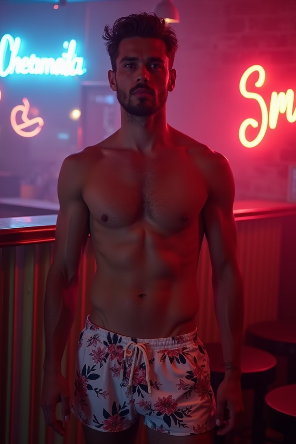 man , fit body in floral silk  swim shorts and shirtless at cocktail bar with neon lights