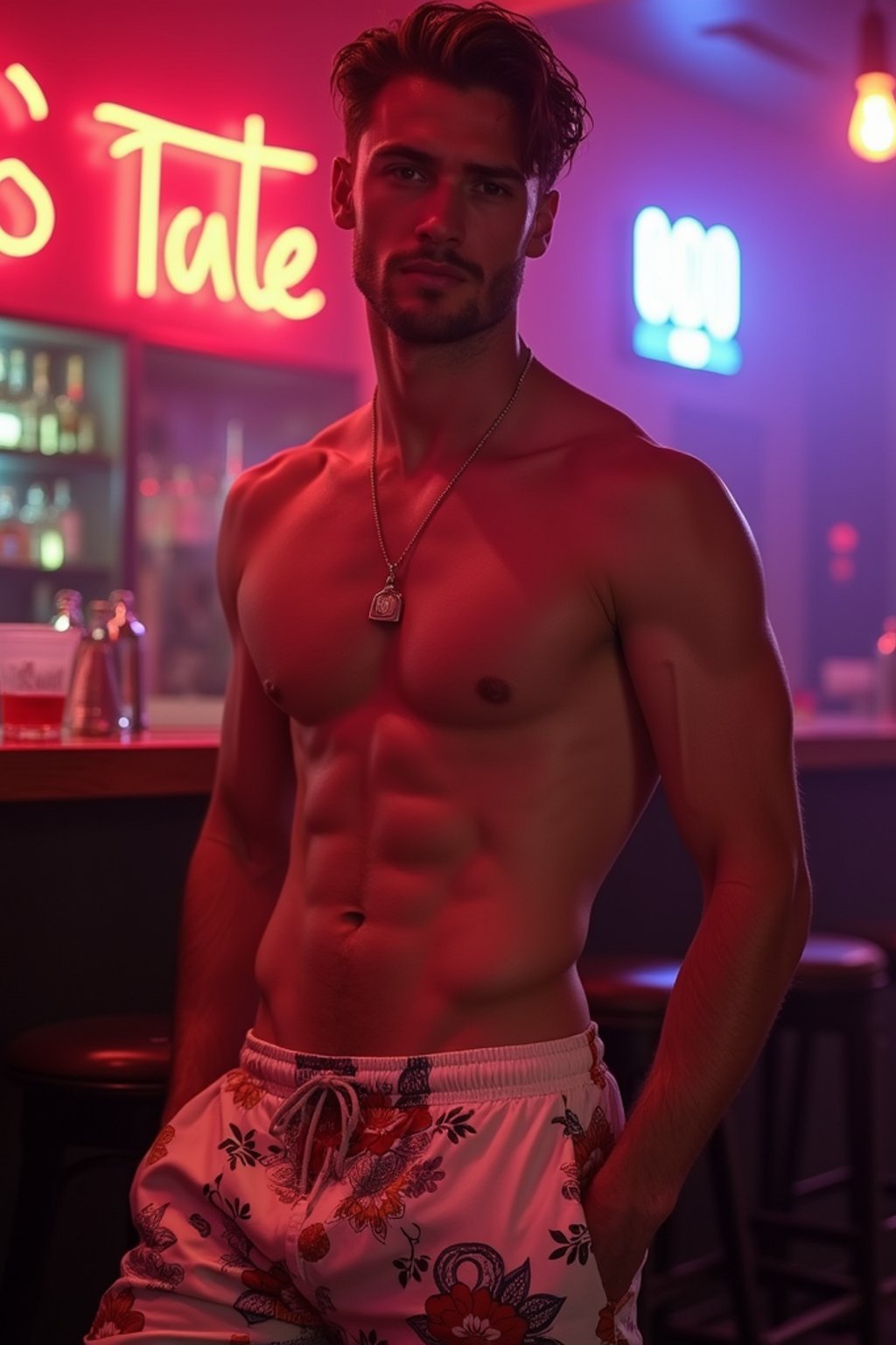 man , fit body in floral silk  swim shorts and shirtless at cocktail bar with neon lights