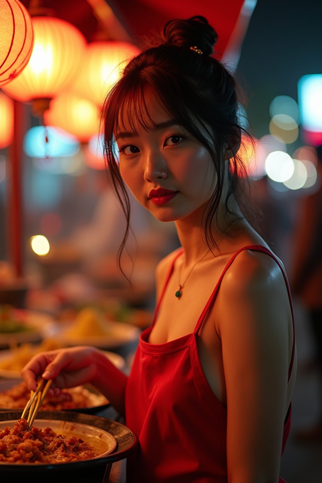 woman at a pop-up food market at night, combining the love for street food with nightlife