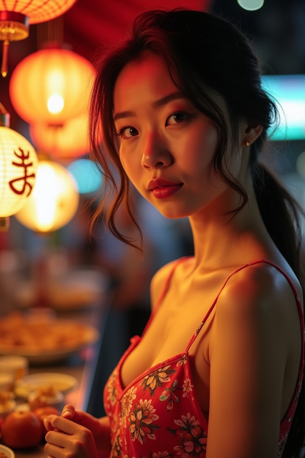 woman at a pop-up food market at night, combining the love for street food with nightlife