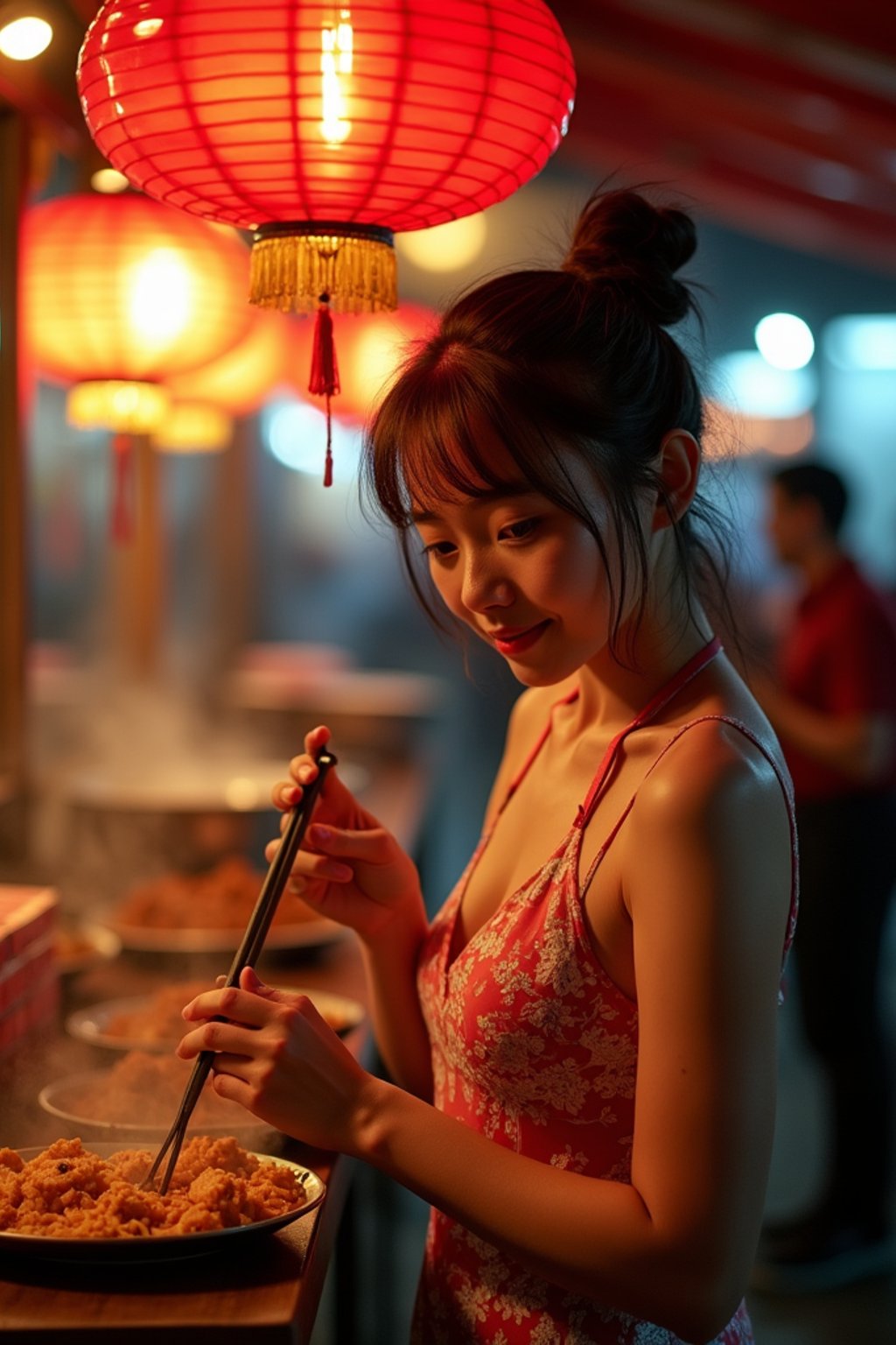 woman at a pop-up food market at night, combining the love for street food with nightlife