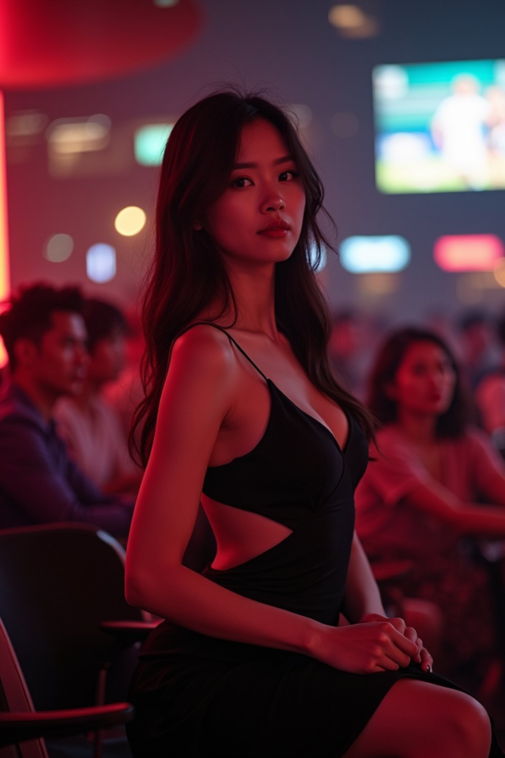 woman wearing black cut out dress   in a VIP box at a sporting event at night, capturing the thrill of live sports with nightlife