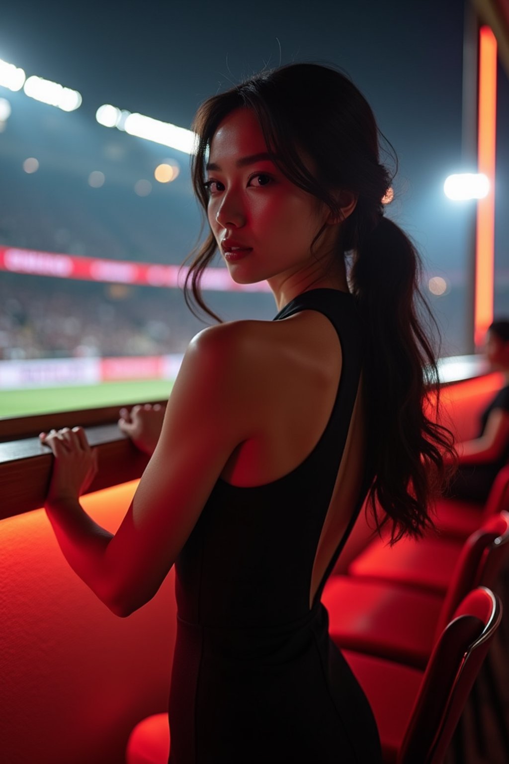 woman wearing black cut out dress   in a VIP box at a sporting event at night, capturing the thrill of live sports with nightlife