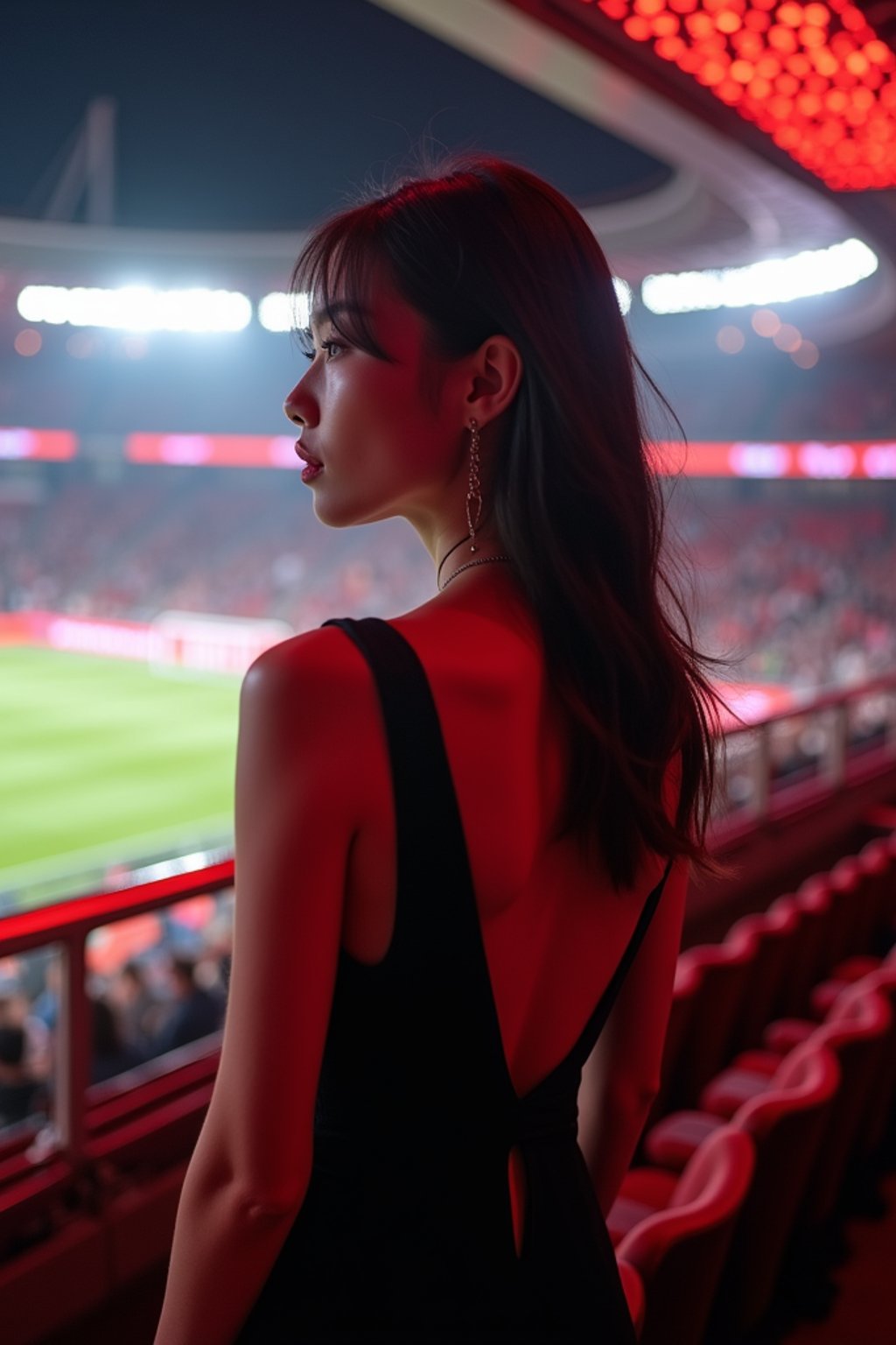 woman wearing black cut out dress   in a VIP box at a sporting event at night, capturing the thrill of live sports with nightlife