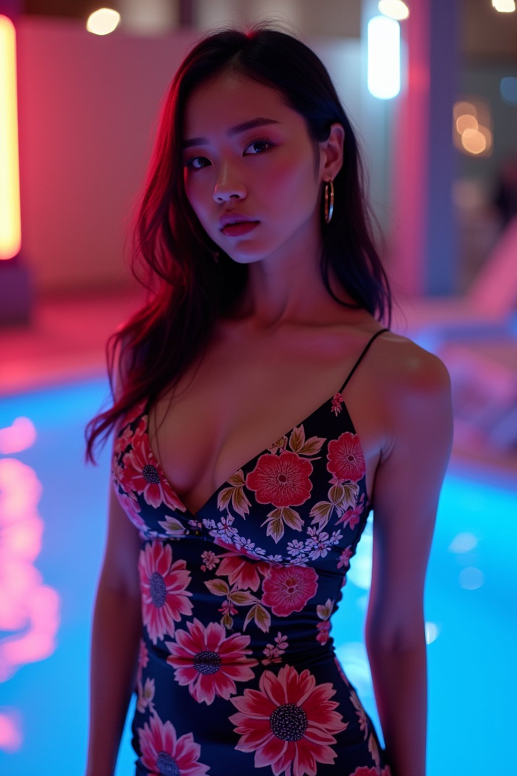 woman with hourglass figure,  in floral silk bodycon dress  at pool party with neon lights