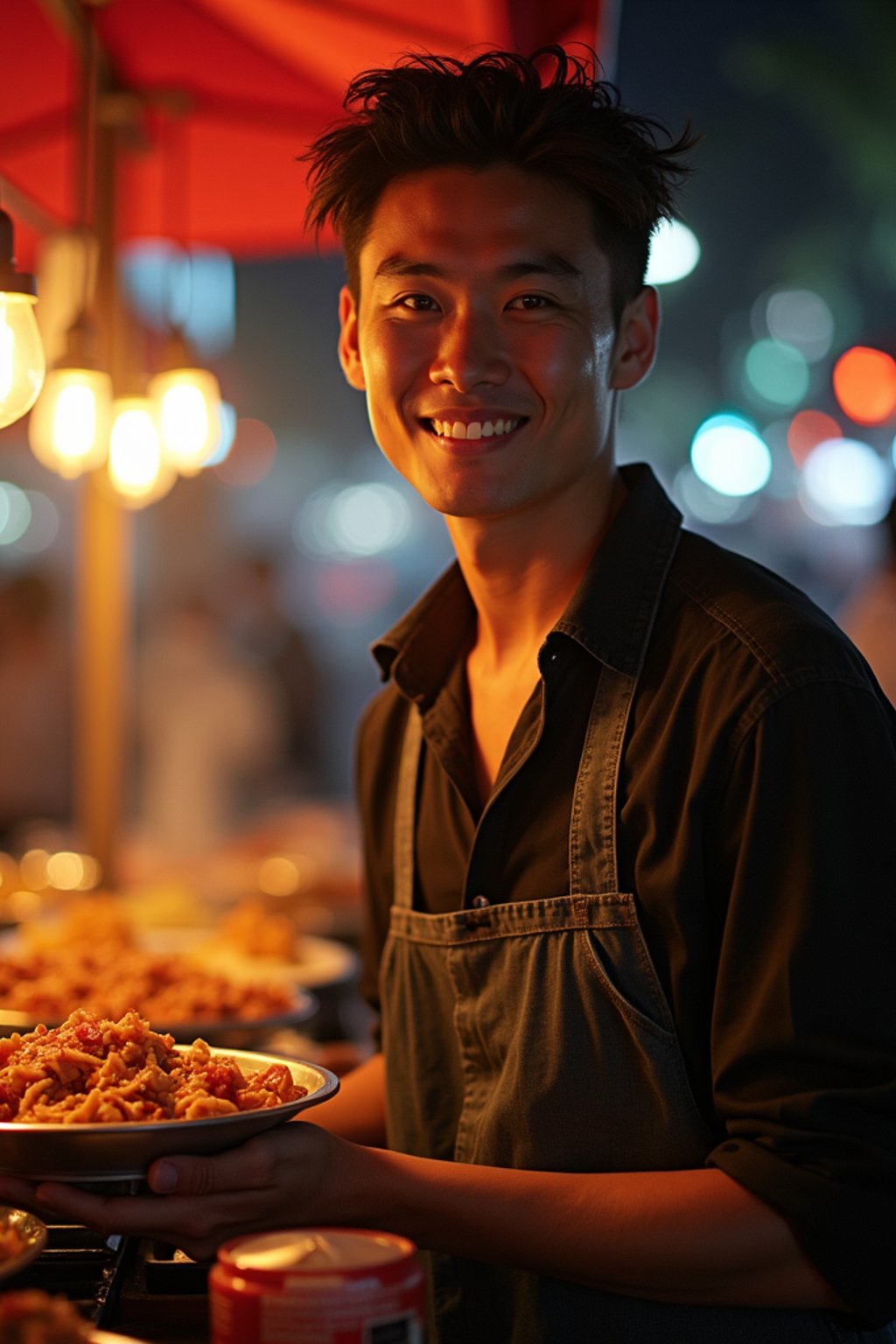 man at a pop-up food market at night, combining the love for street food with nightlife