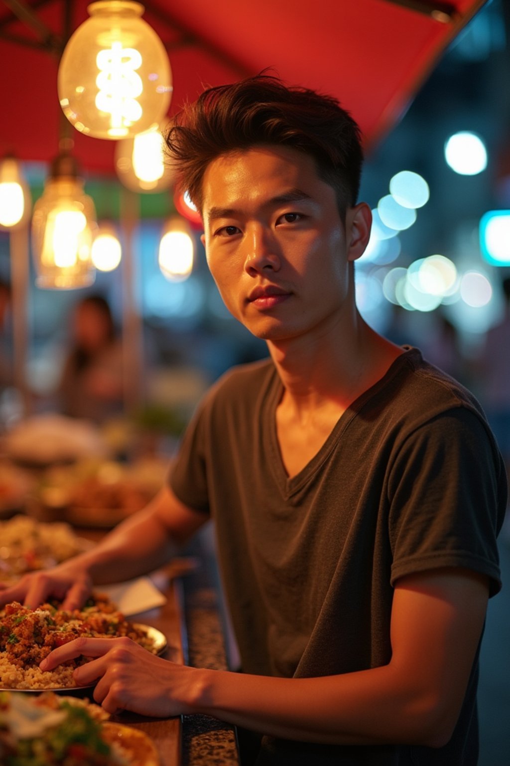 man at a pop-up food market at night, combining the love for street food with nightlife