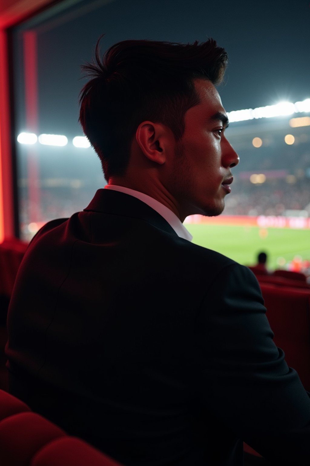 man wearing   black suit in a VIP box at a sporting event at night, capturing the thrill of live sports with nightlife