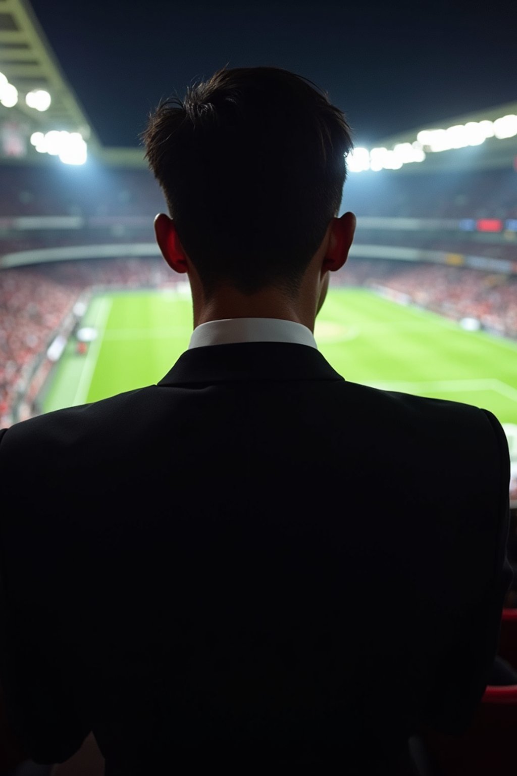 man wearing   black suit in a VIP box at a sporting event at night, capturing the thrill of live sports with nightlife