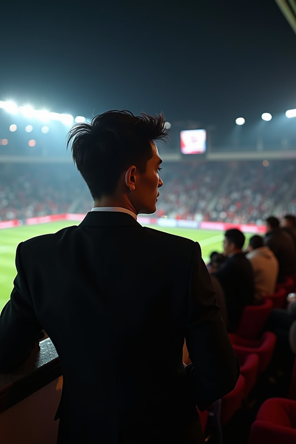 man wearing   black suit in a VIP box at a sporting event at night, capturing the thrill of live sports with nightlife