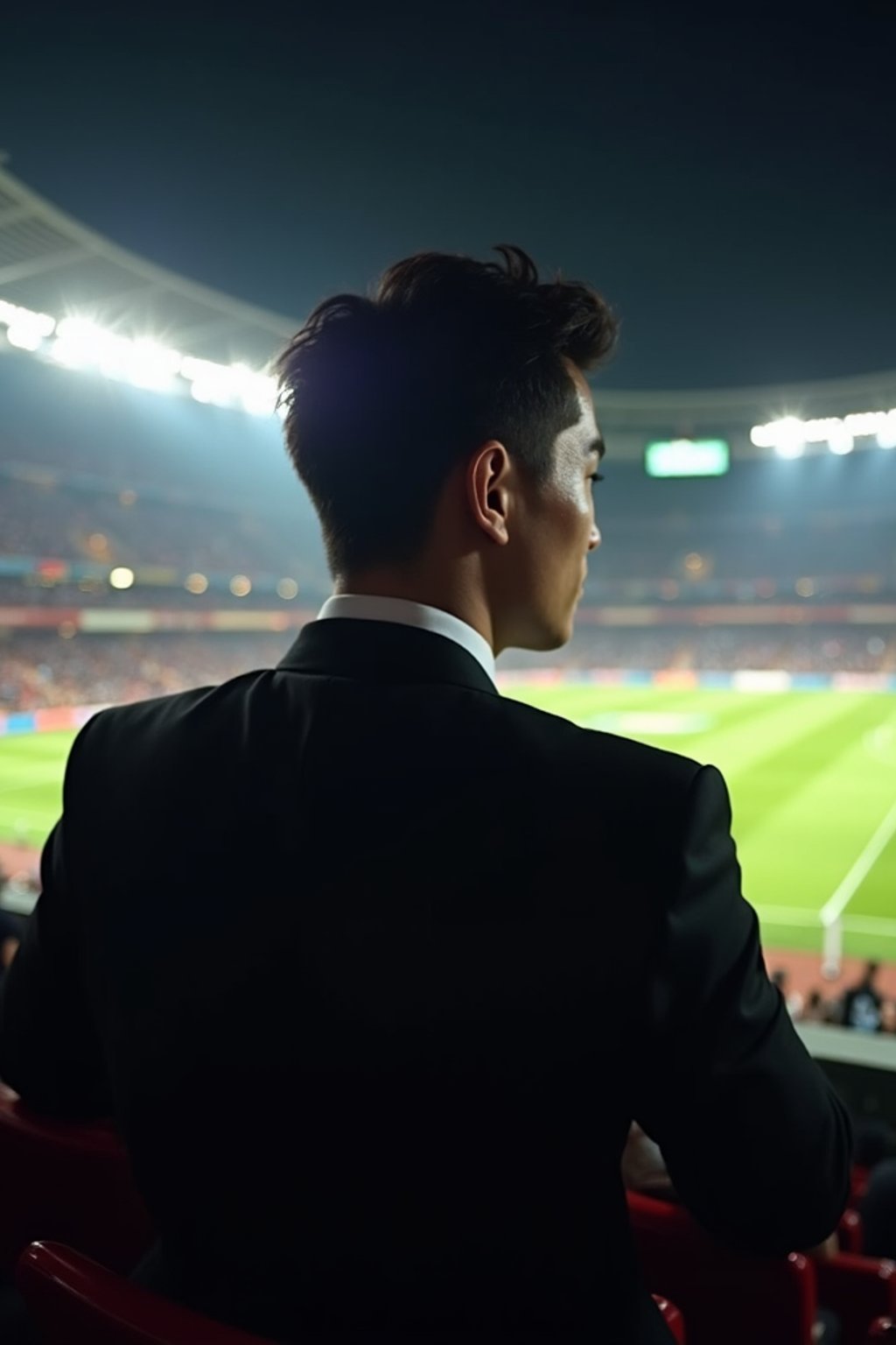 man wearing   black suit in a VIP box at a sporting event at night, capturing the thrill of live sports with nightlife