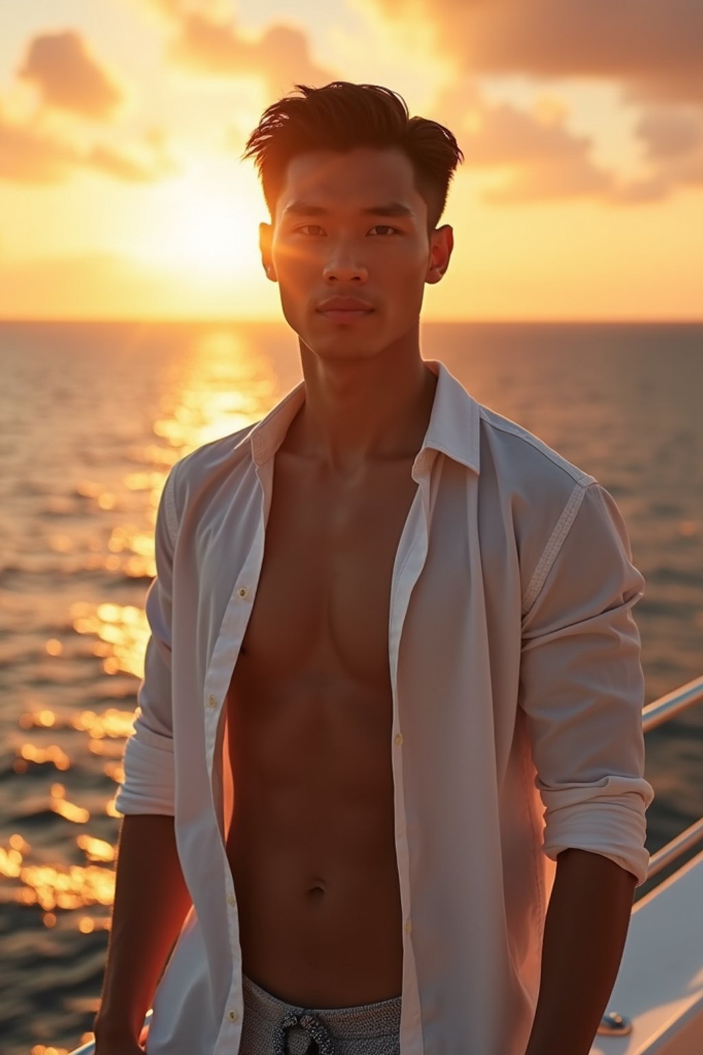 man wearing  shirt and swim shorts at an exclusive yacht party sunset, capturing the essence of luxury and opulence