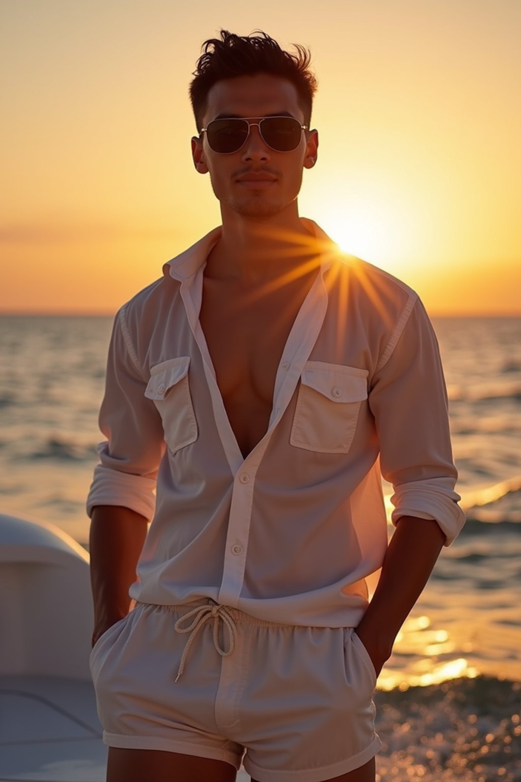 man wearing  shirt and swim shorts at an exclusive yacht party sunset, capturing the essence of luxury and opulence