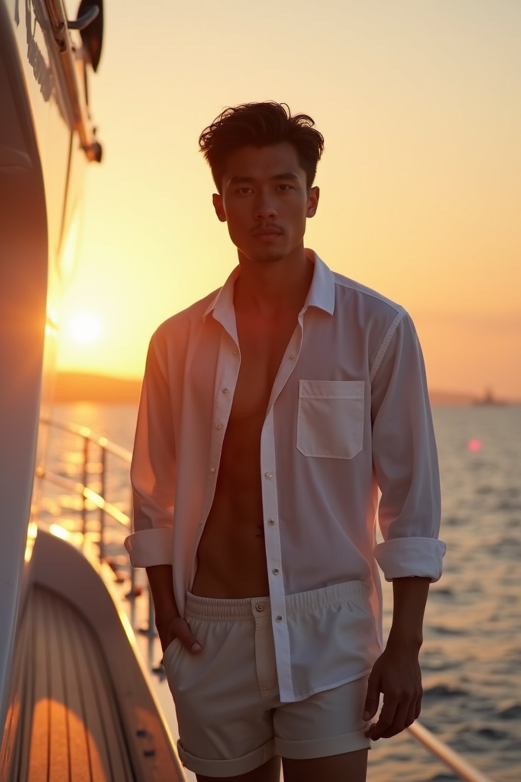 man wearing  shirt and swim shorts at an exclusive yacht party sunset, capturing the essence of luxury and opulence