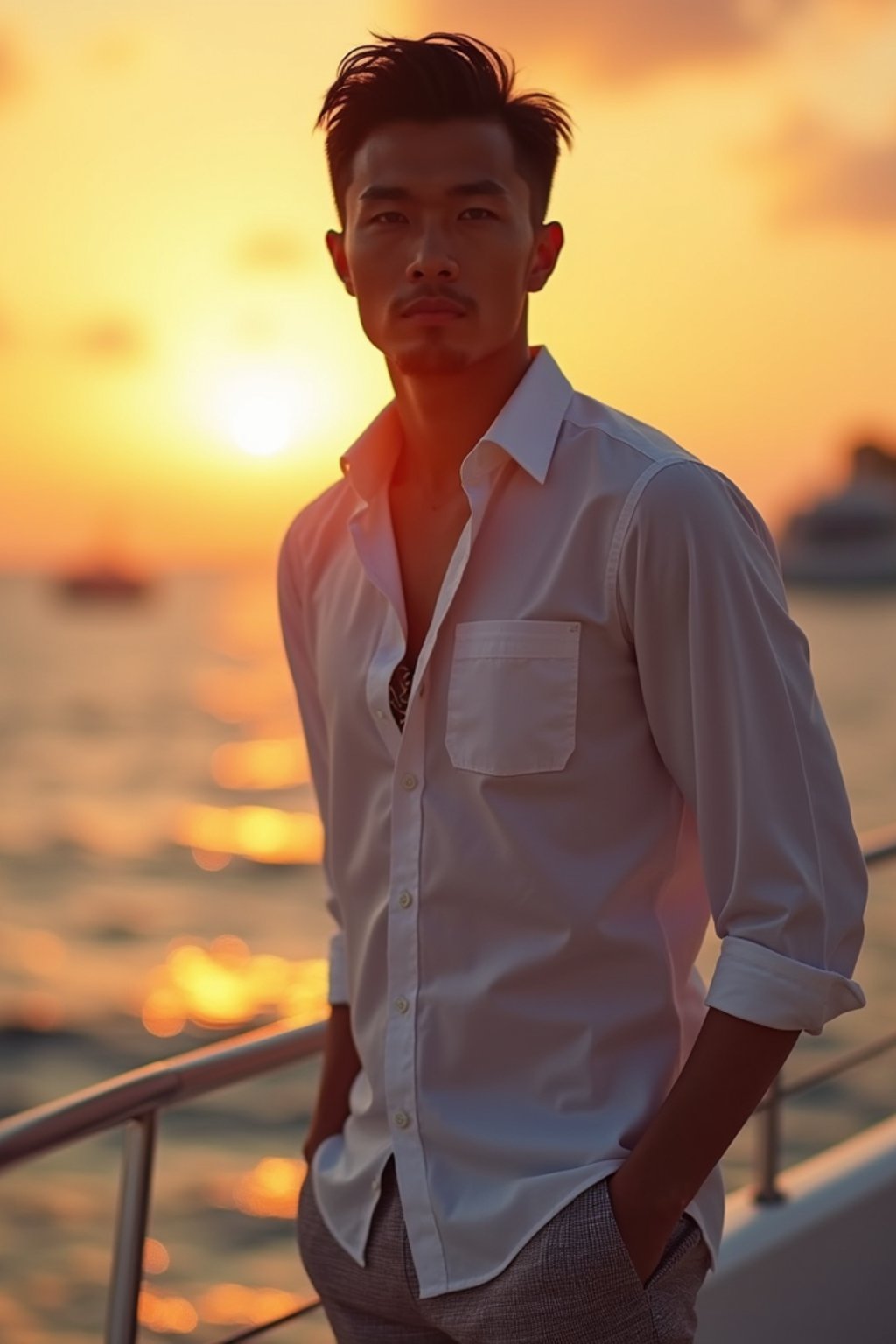 man wearing  shirt and swim shorts at an exclusive yacht party sunset, capturing the essence of luxury and opulence