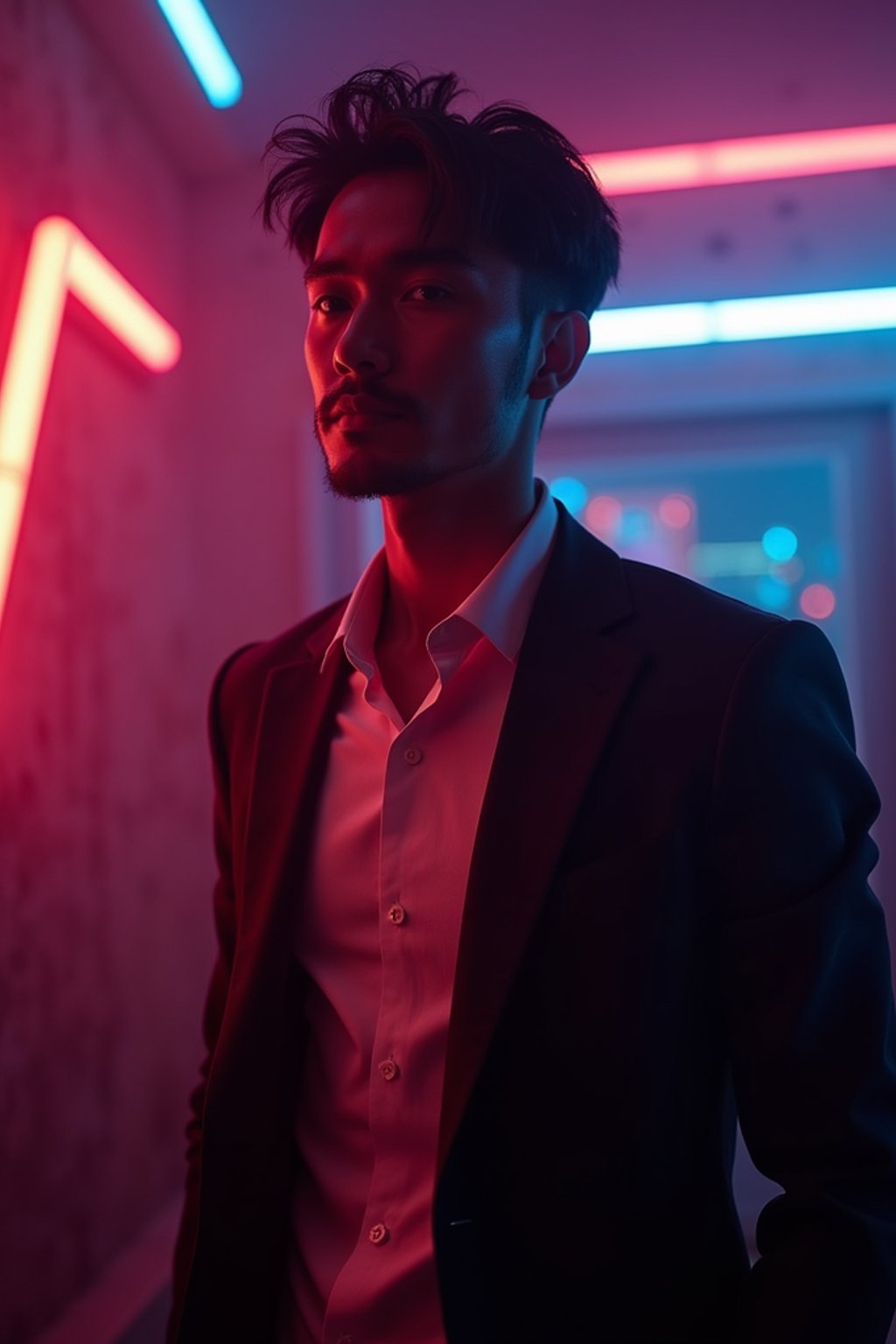 man wearing  smart casual in night club with neon lights