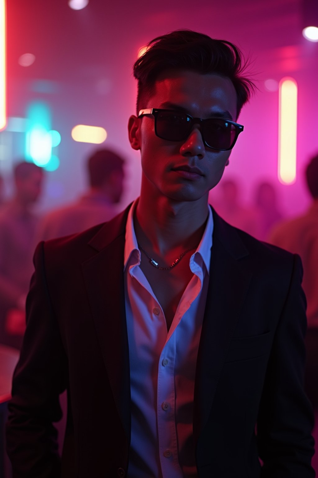 man wearing  smart casual in night club with neon lights