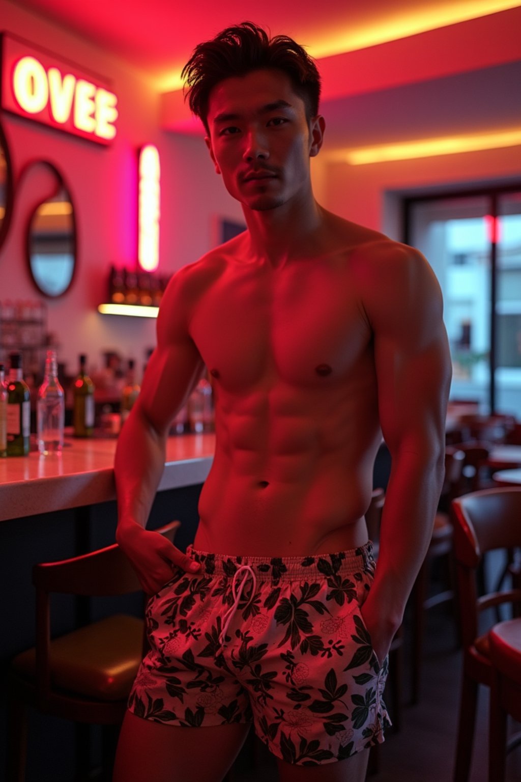 man , fit body in floral silk  swim shorts and shirtless at cocktail bar with neon lights