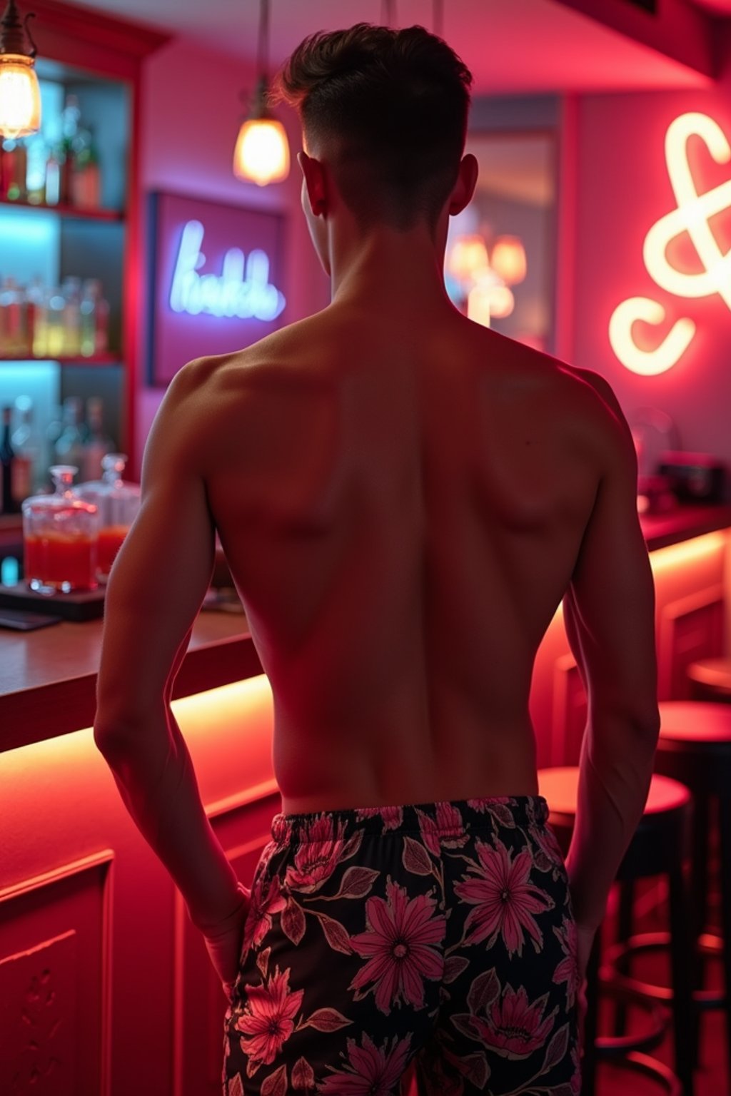 man , fit body in floral silk  swim shorts and shirtless at cocktail bar with neon lights