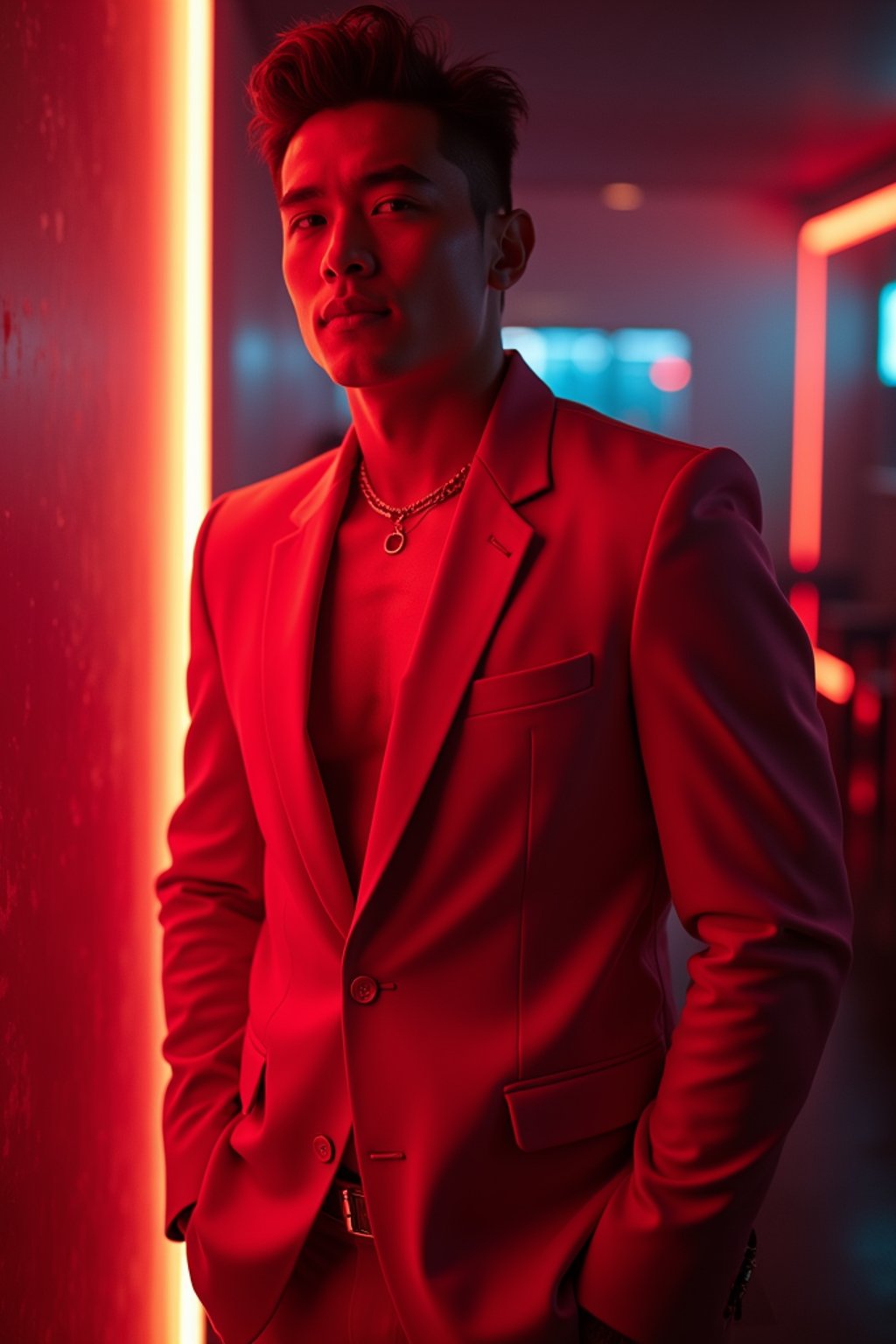 man wearing  (red suit) in night club neon lights