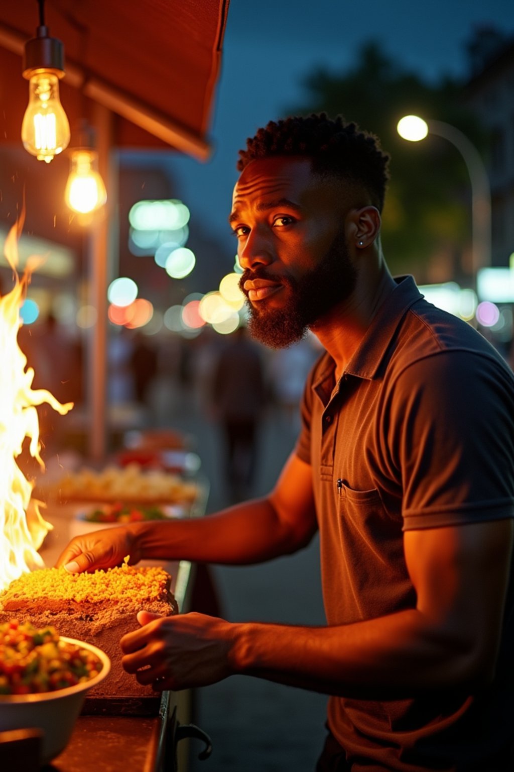 man at a pop-up food market at night, combining the love for street food with nightlife