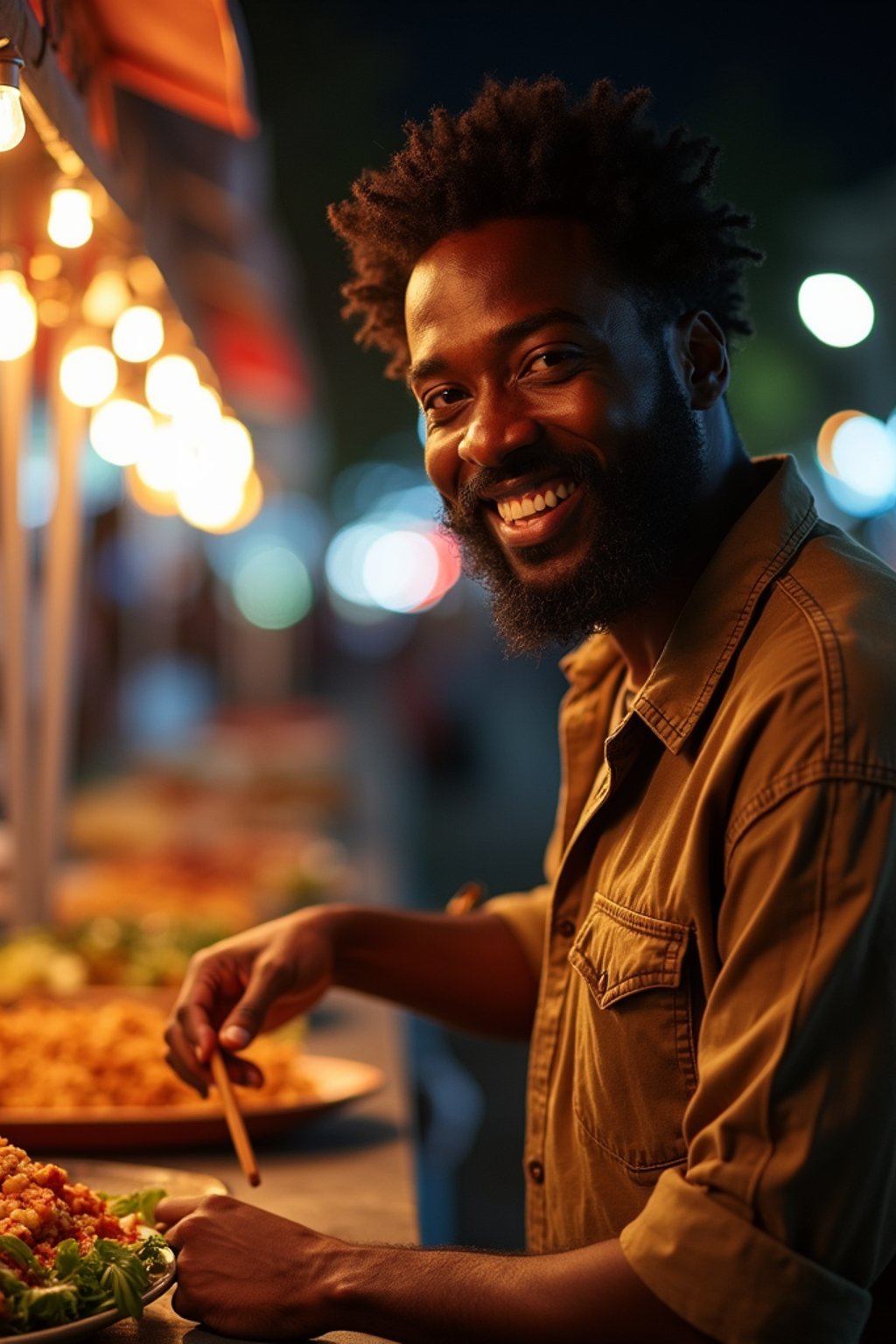 man at a pop-up food market at night, combining the love for street food with nightlife