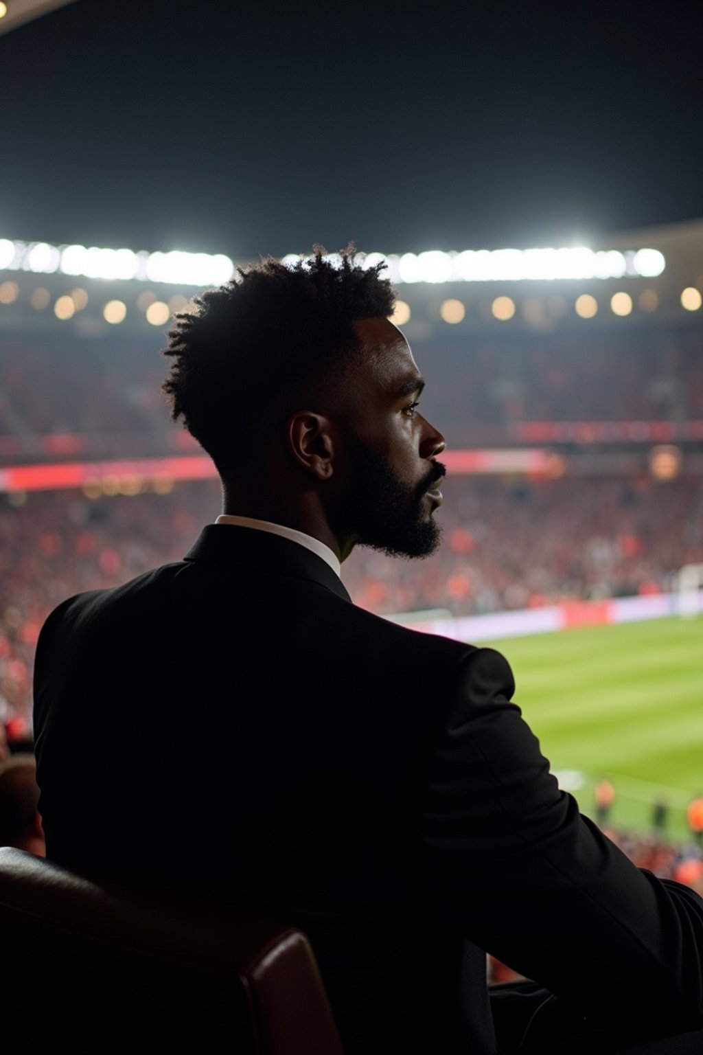 man wearing   black suit in a VIP box at a sporting event at night, capturing the thrill of live sports with nightlife