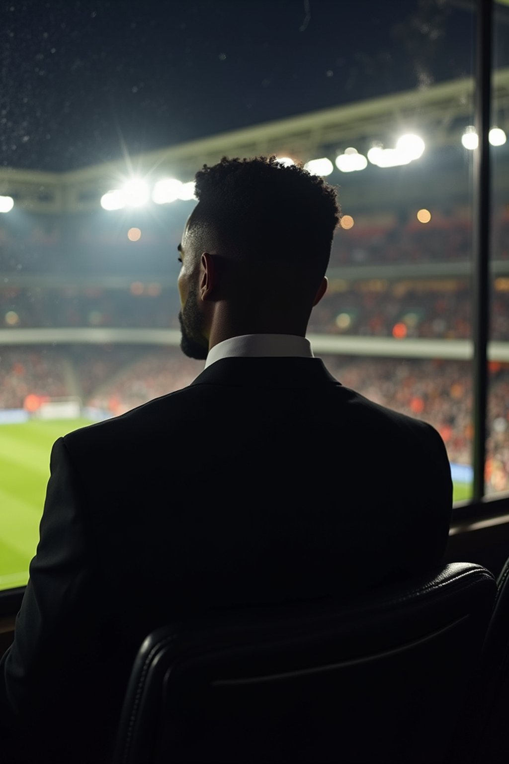 man wearing   black suit in a VIP box at a sporting event at night, capturing the thrill of live sports with nightlife