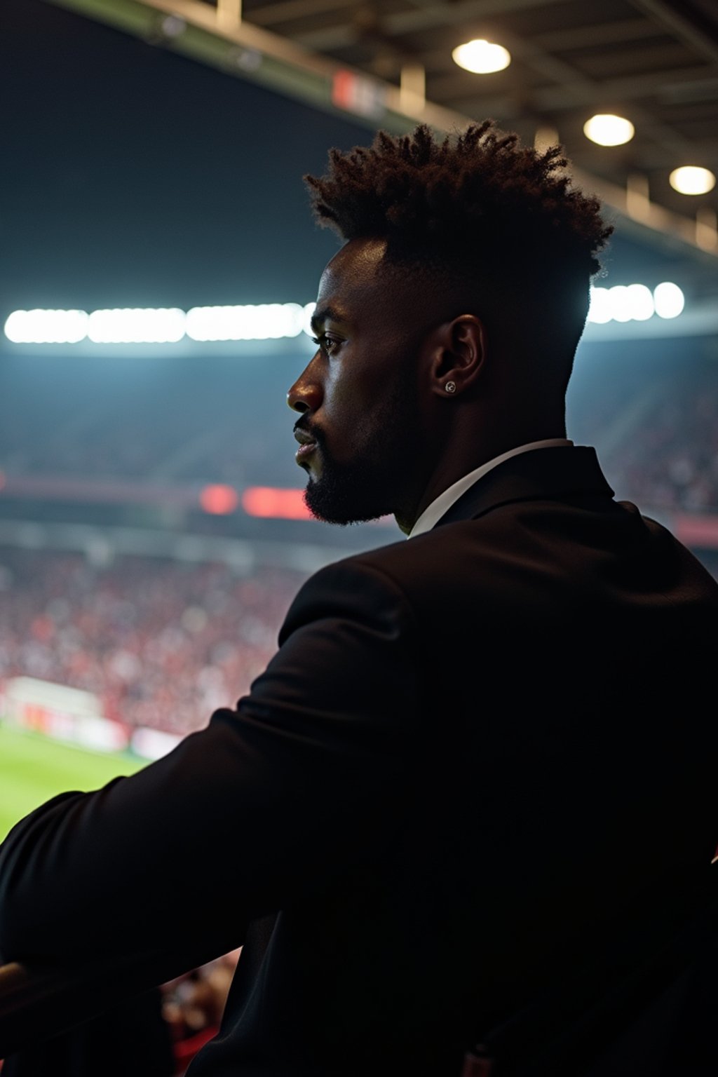 man wearing   black suit in a VIP box at a sporting event at night, capturing the thrill of live sports with nightlife