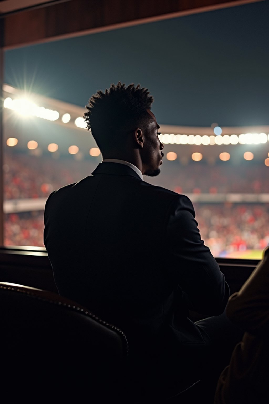 man wearing   black suit in a VIP box at a sporting event at night, capturing the thrill of live sports with nightlife