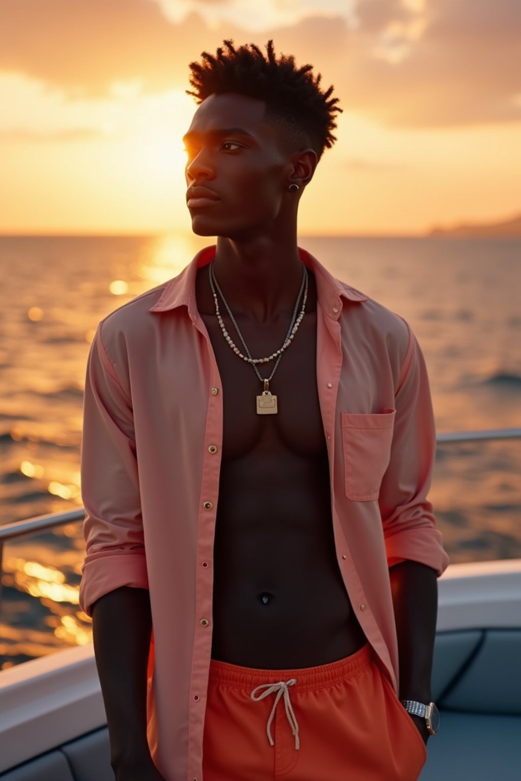 man wearing  shirt and swim shorts at an exclusive yacht party sunset, capturing the essence of luxury and opulence