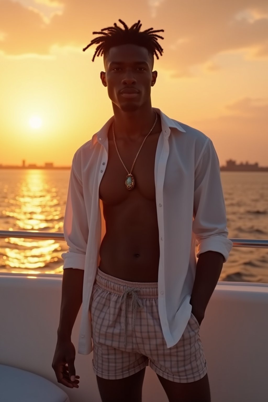 man wearing  shirt and swim shorts at an exclusive yacht party sunset, capturing the essence of luxury and opulence