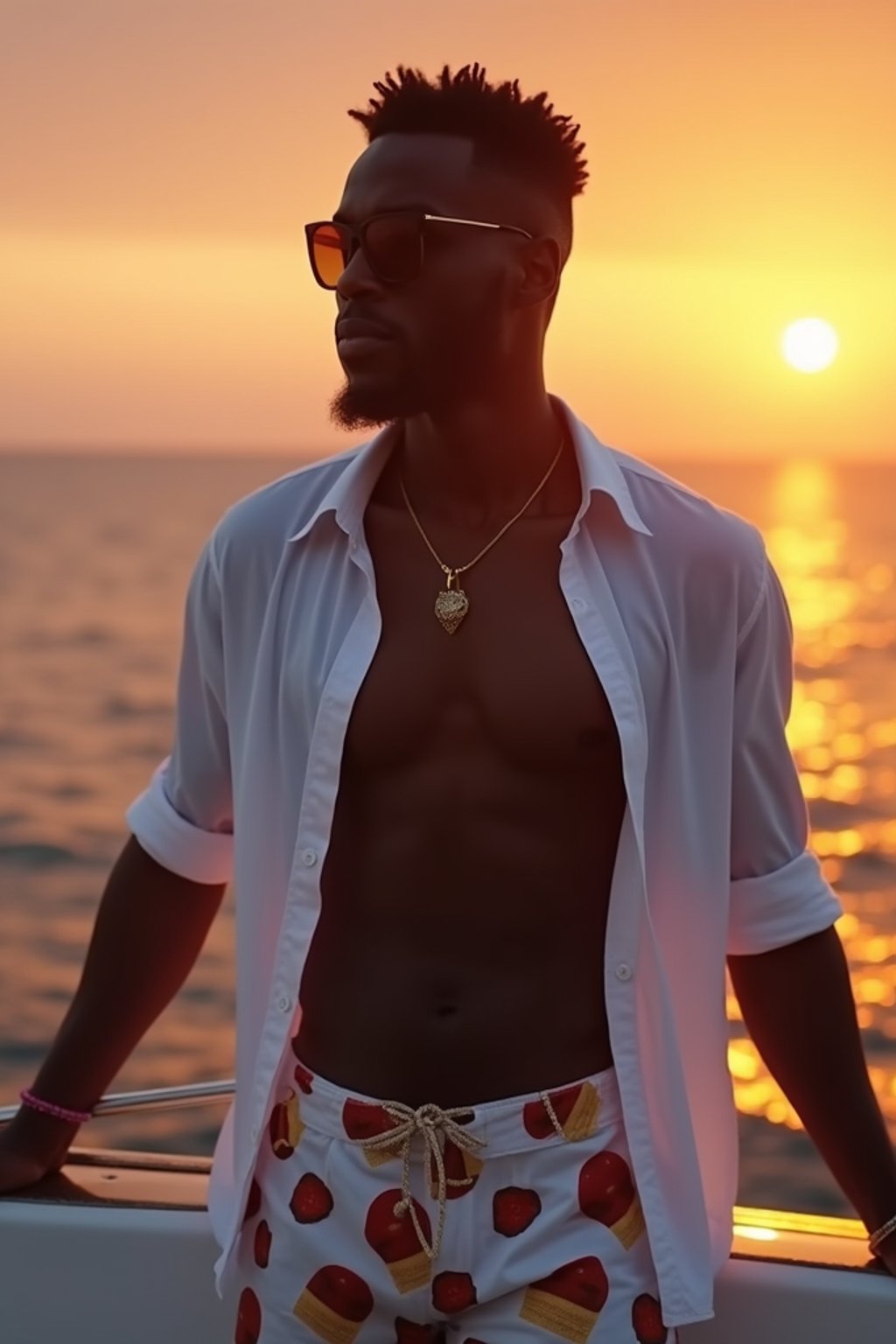 man wearing  shirt and swim shorts at an exclusive yacht party sunset, capturing the essence of luxury and opulence