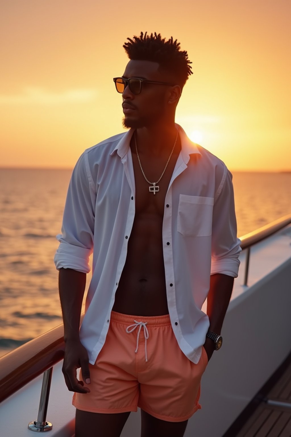 man wearing  shirt and swim shorts at an exclusive yacht party sunset, capturing the essence of luxury and opulence