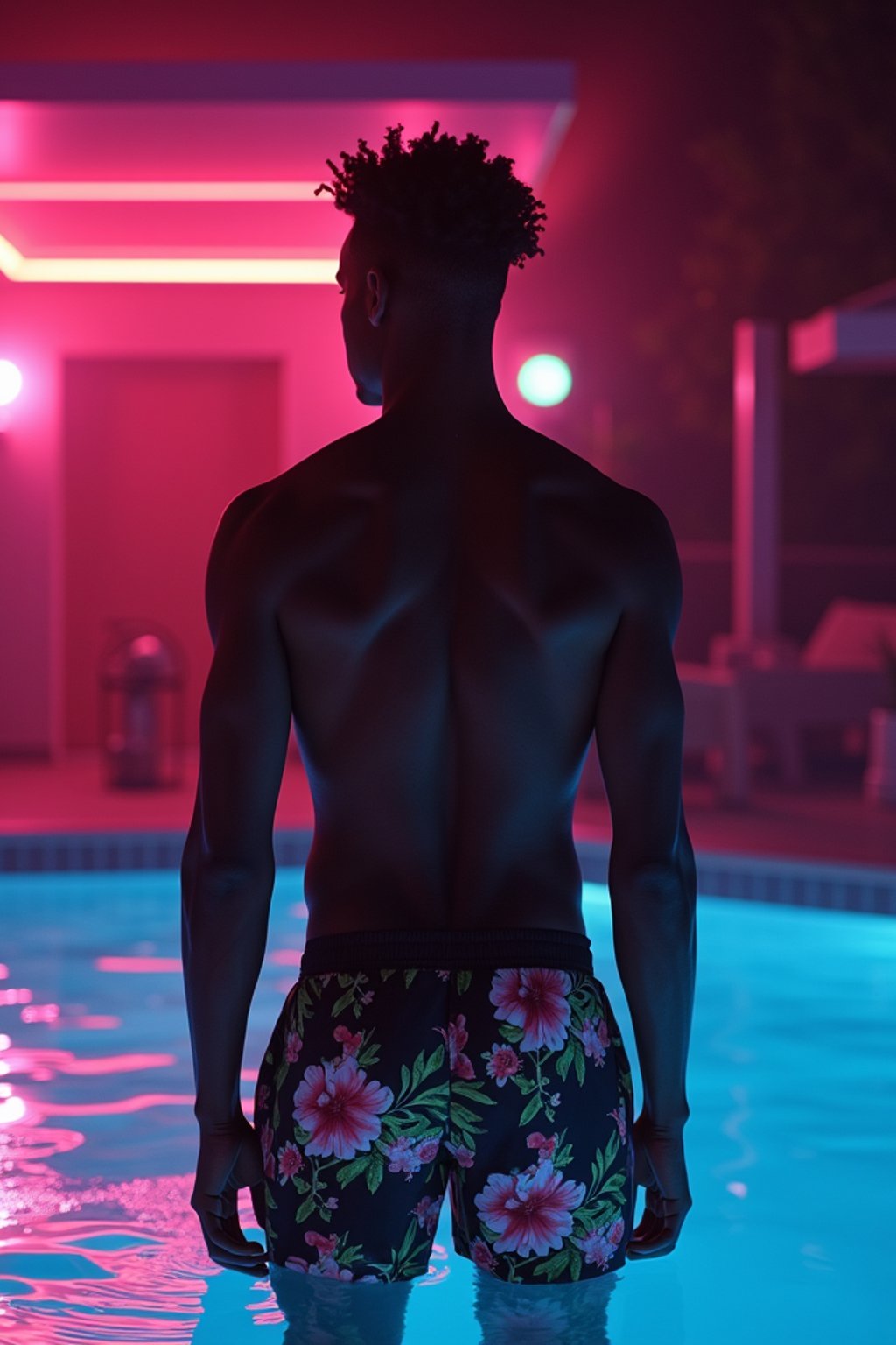 man , fit body in floral silk  swim shorts and shirtless at pool party with neon lights