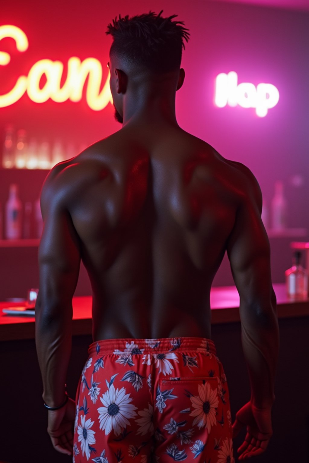 man , fit body in floral silk  swim shorts and shirtless at cocktail bar with neon lights