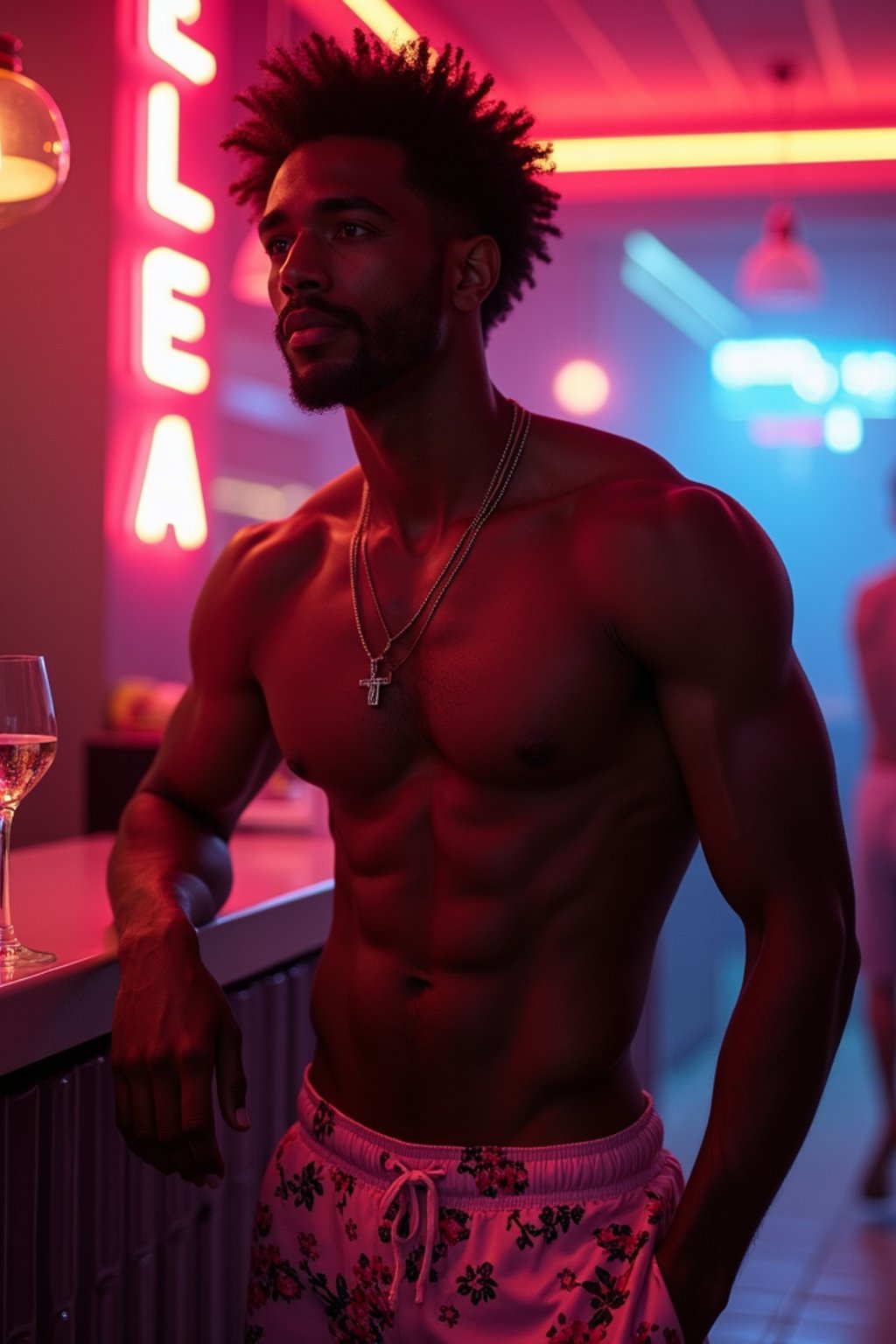 man , fit body in floral silk  swim shorts and shirtless at cocktail bar with neon lights