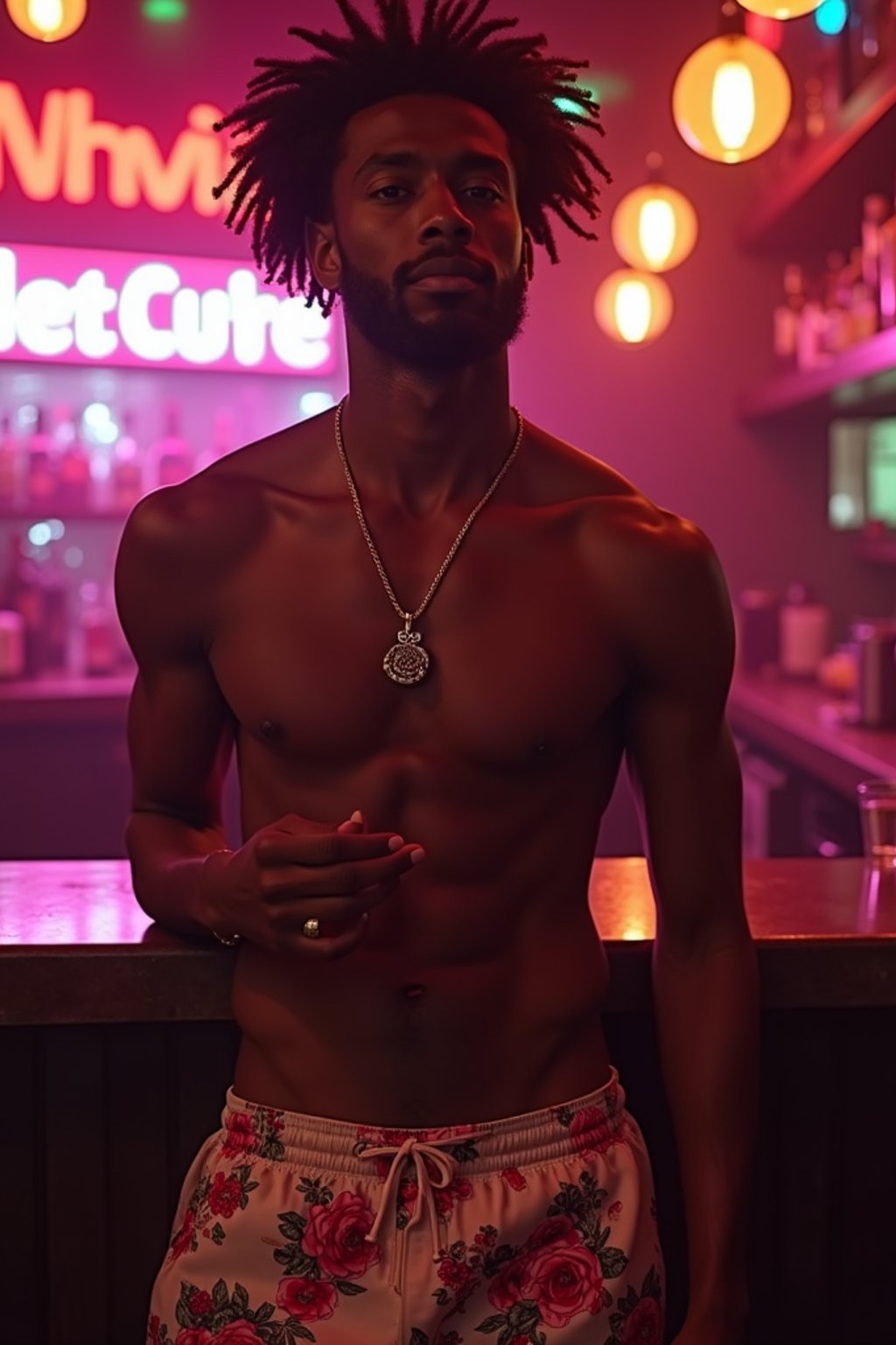 man , fit body in floral silk  swim shorts and shirtless at cocktail bar with neon lights