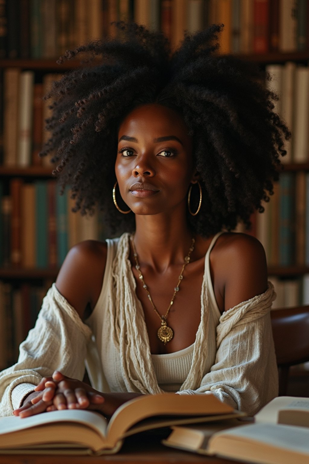 woman surrounded by books or sacred texts