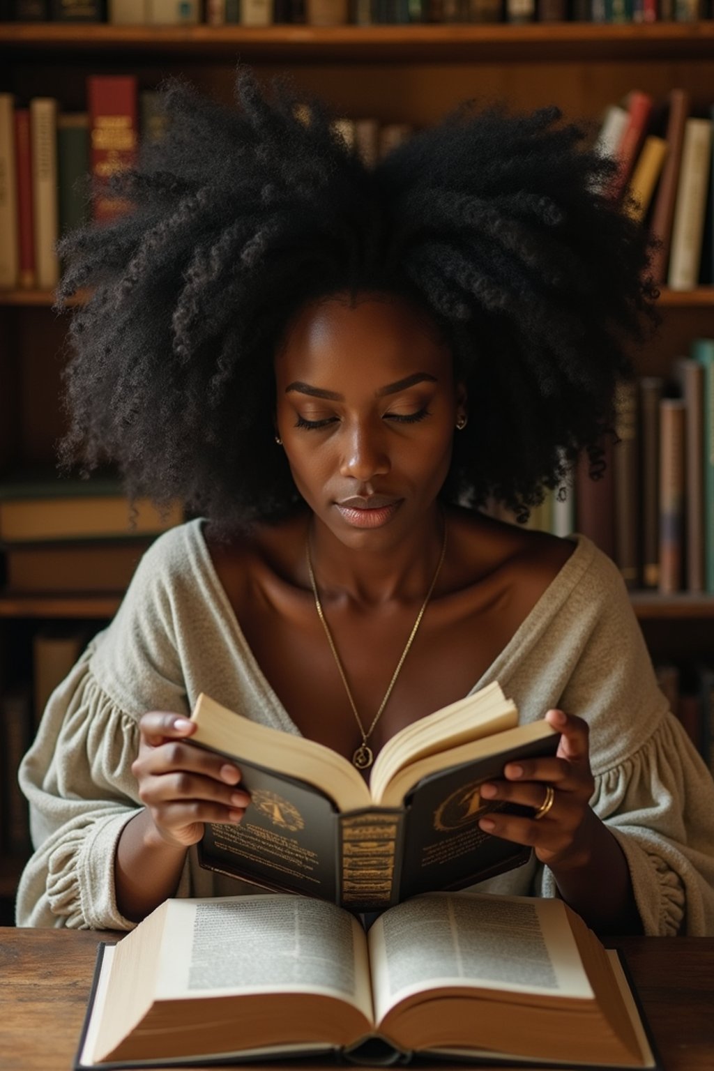 woman surrounded by books or sacred texts