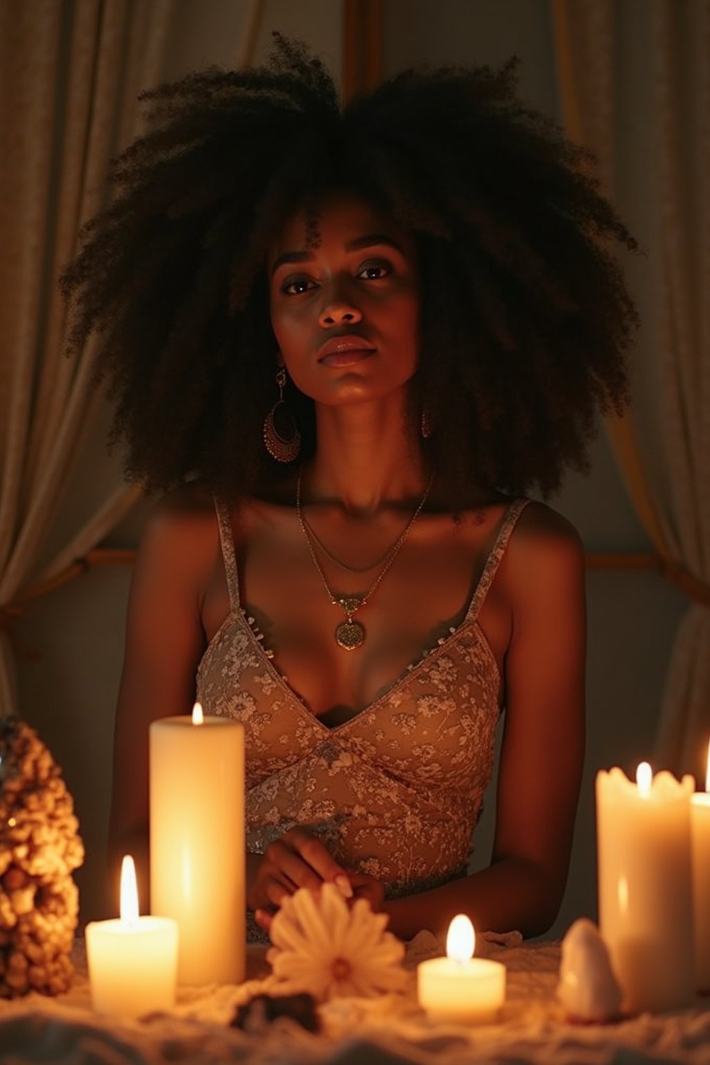 woman in a serene indoor space, surrounded by candles, crystals, and sacred symbols