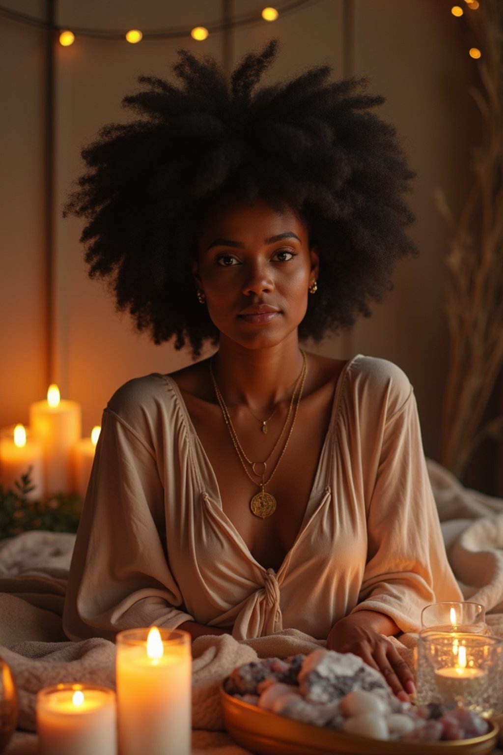 woman in a serene indoor space, surrounded by candles, crystals, and sacred symbols