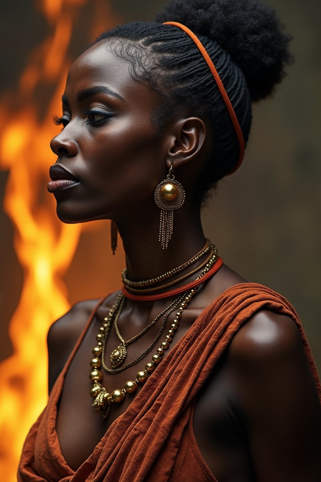 woman engaged in a sacred ritual or ceremony, adorned with symbolic attire