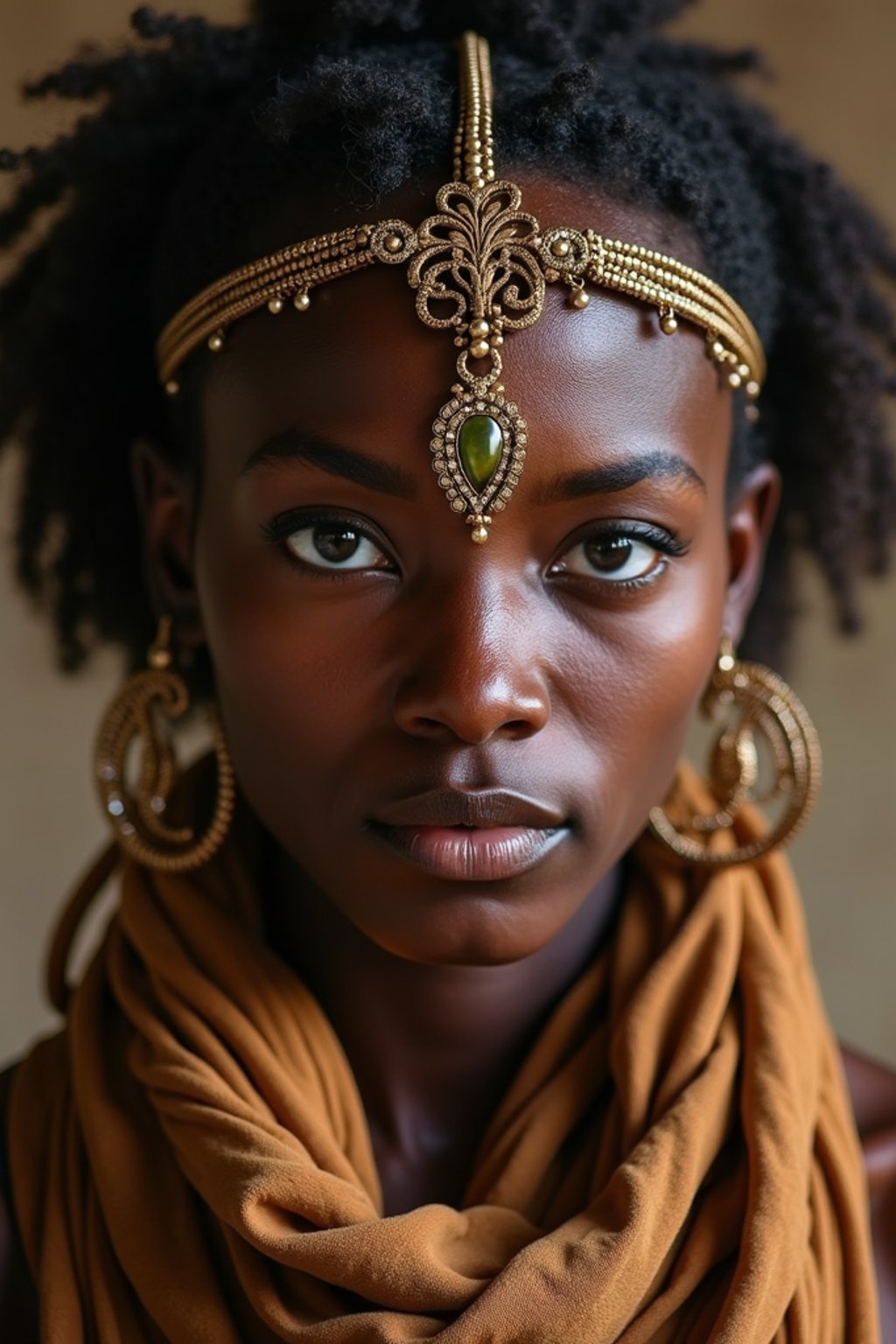 woman engaged in a sacred ritual or ceremony, adorned with symbolic attire